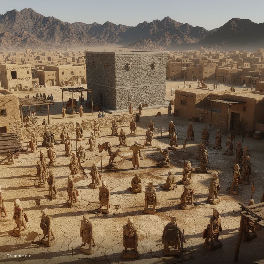 AI generated: المشهد الشامل (The Master Shot):Photorealistic documentary film still, 7th century Mecca. Central cu...