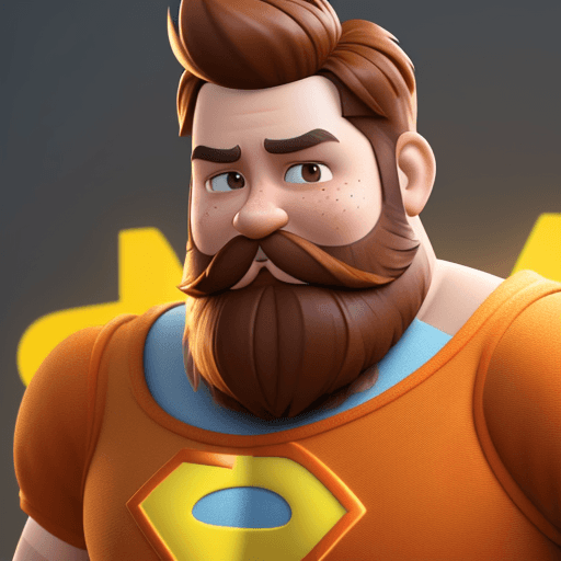 AI generated: cartoon 3D sunny bright Pixar-style image : 35 years old: light brown beard : freckles : super hero ...
