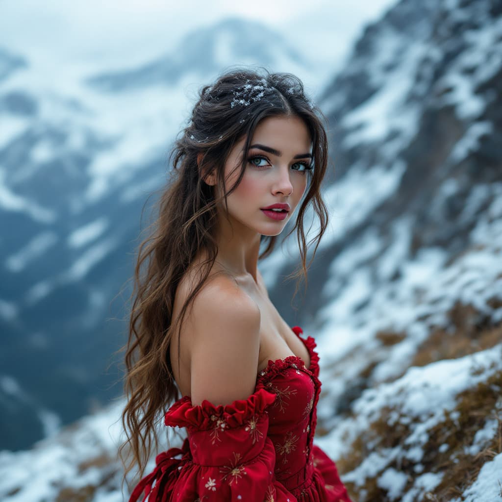AI generated: a woman in red dress in mountains, snow on her hair, looking at the camera, cinematic