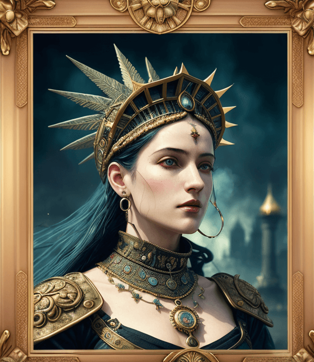 AI generated: tarot card with intricate detailed frame around the outside, portrait of cyberpunk head with jester ...