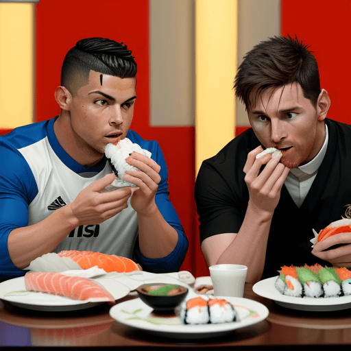 AI generated: Ronaldo and messi eating Sushi Realismus

