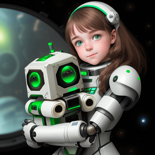 AI generated: 
a girl with brown hair, green eyes wearing white robotic armor hugging her smal robot friend inside...