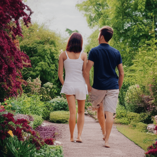 AI generated: create a couple walking together in garden 
