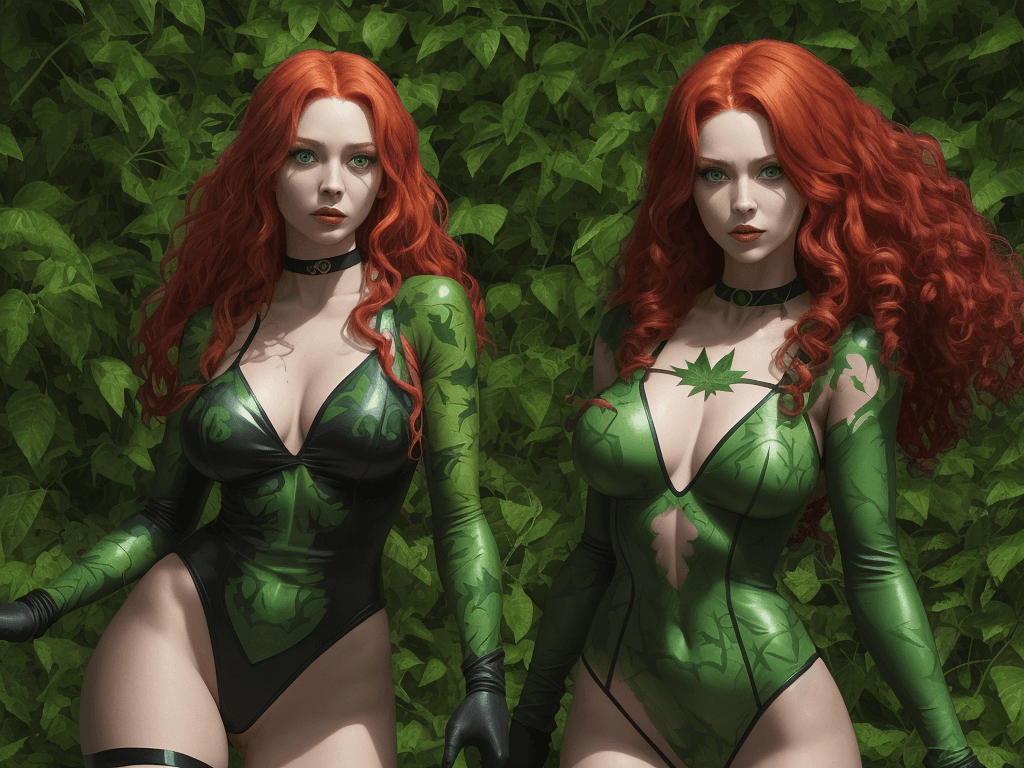 AI generated: a digital illustration of a woman dressed as the DC Comics character Poison Ivy. The woman has long,...