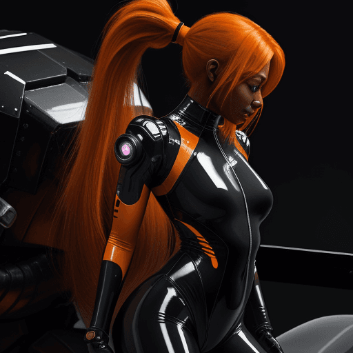 AI generated: Orange long hair, ponytail. dark skin, Woman, latex leotard, high tech, mech suit