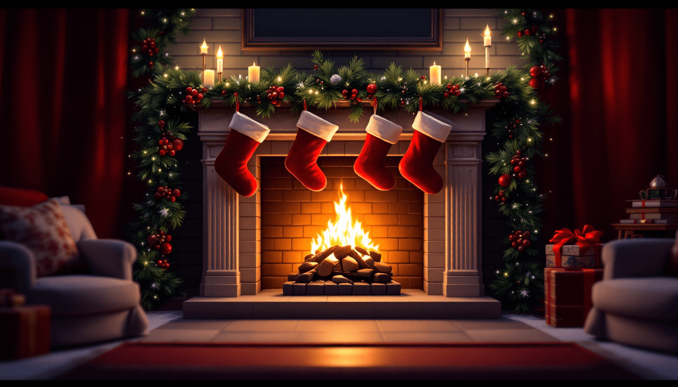 AI generated: A Christmas Eve fireplace scene with stockings, garlands, and a glowing hearth"
