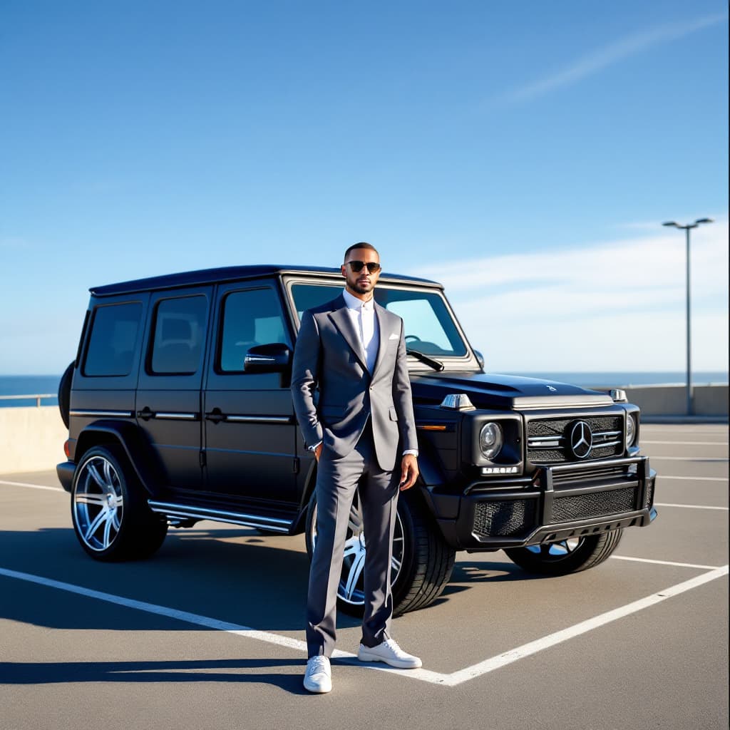 AI generated: A white male wearing a Louis Vuitton suit and dress shoes poses in front of a Mercedes G station wag...
