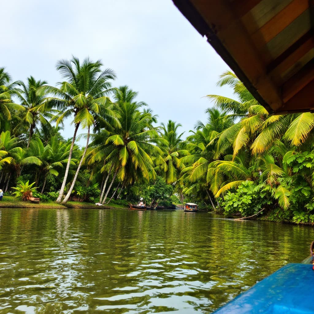 AI generated: A serene tropical scene featuring lush green palm trees lining the banks of a calm river. A traditio...