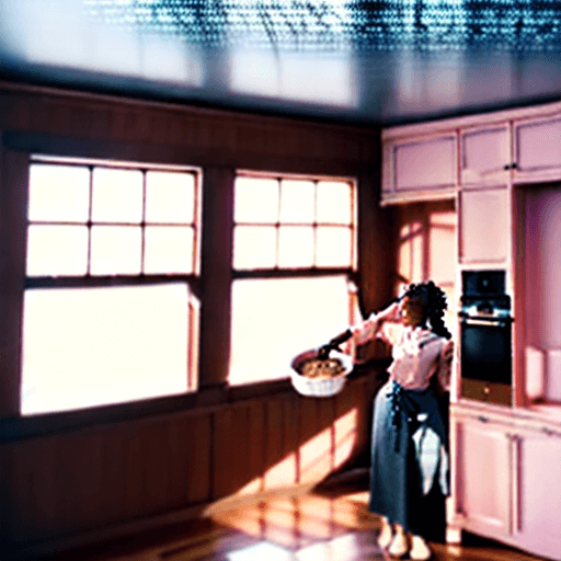 AI generated: High resolution photography interior design, African American female chef, baking, organized light b...