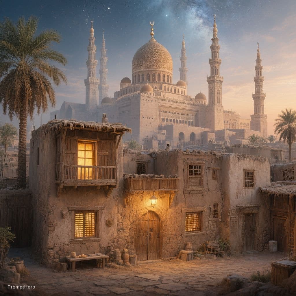 AI generated: Ancient houses in the Arabian Peninsula have windows, some letting in light that illuminates a warm ...