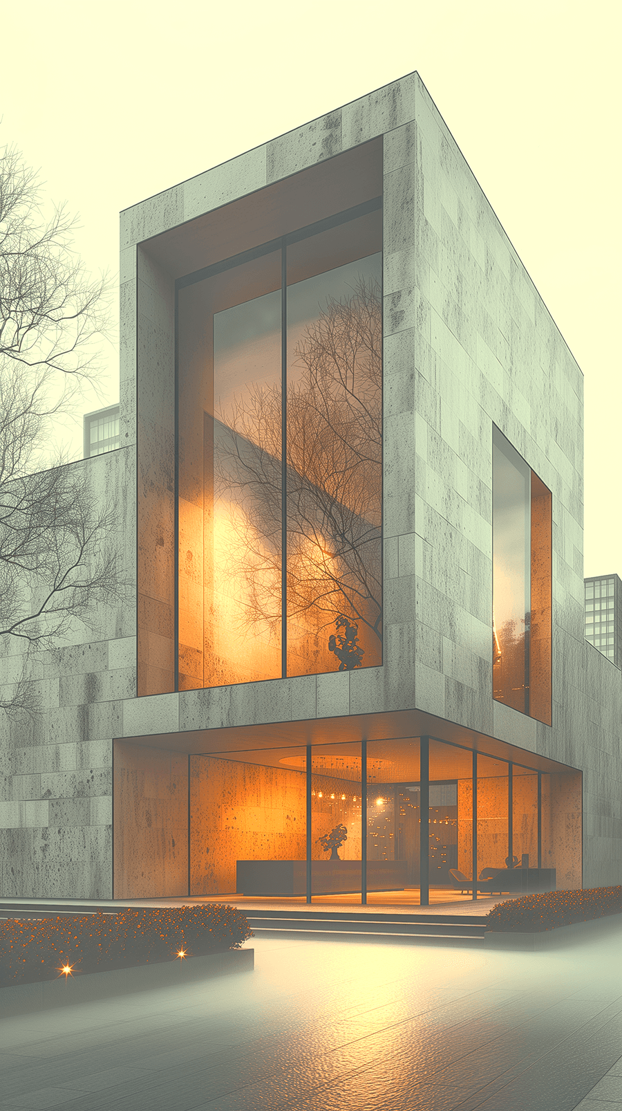 AI generated: photography, minimalist small building facade design, Canon EOS 5D Mark IV, depth of field that high...