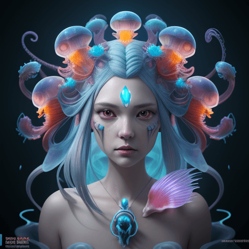 AI generated: pokemon Goddess close-up portrait ribcagel. jellyfish phoenix head, nautilus, orchid, skull, betta f...