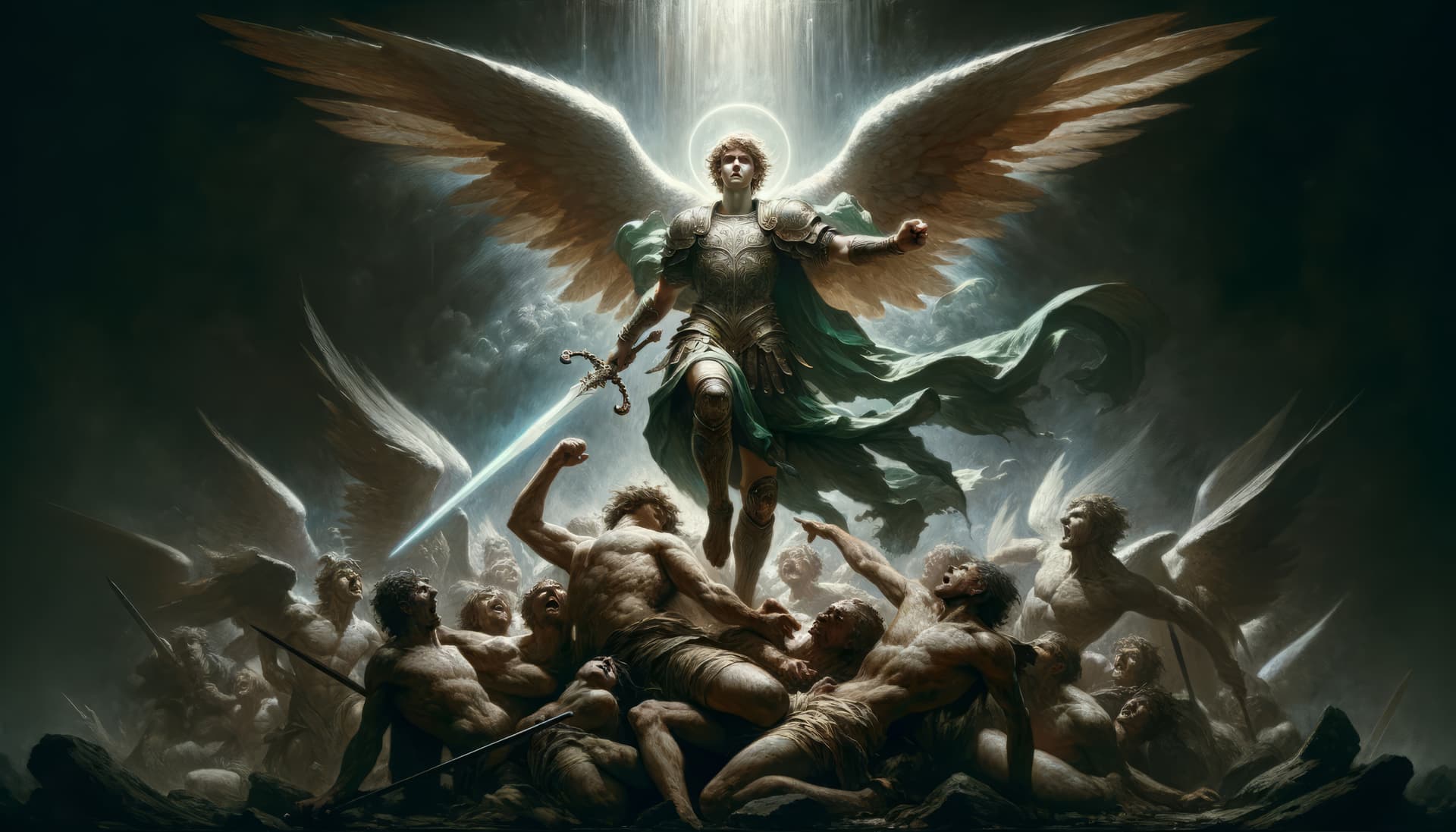 AI generated: Archangel Michael in the old master style, ensuring he is positioned above his enemies, who are cowe...