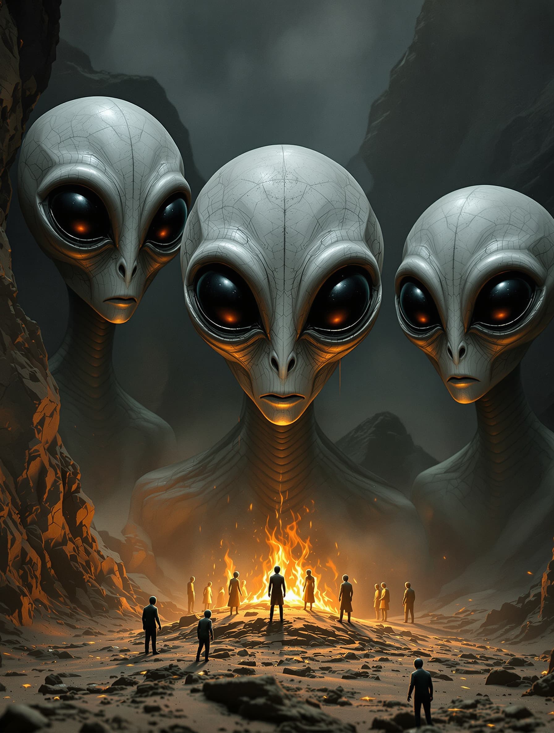 AI generated: grey aliens with large eyes watching over an enslaved humanity