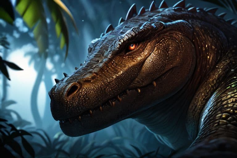AI generated: Hyper realistic eye level exterior photo of crocodile monster, in the jungle, at nighttime, furry-ce...