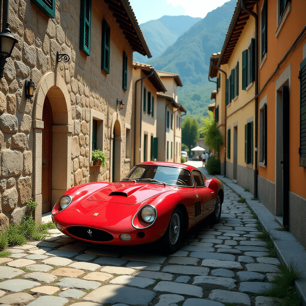AI generated: A sleek red race car stuck in a narrow cobblestone street of a charming Italian mountain village. Th...