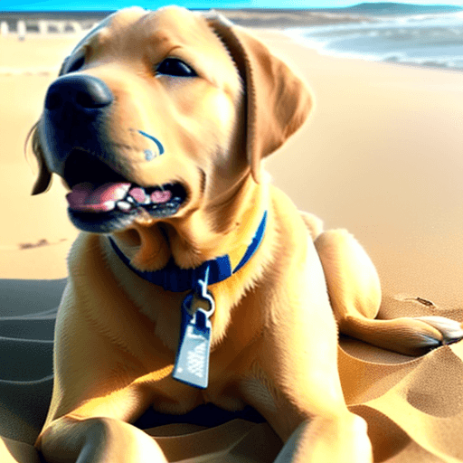 AI generated: a yellow labrador retriever, looking at the camera with a happy face, on the beach