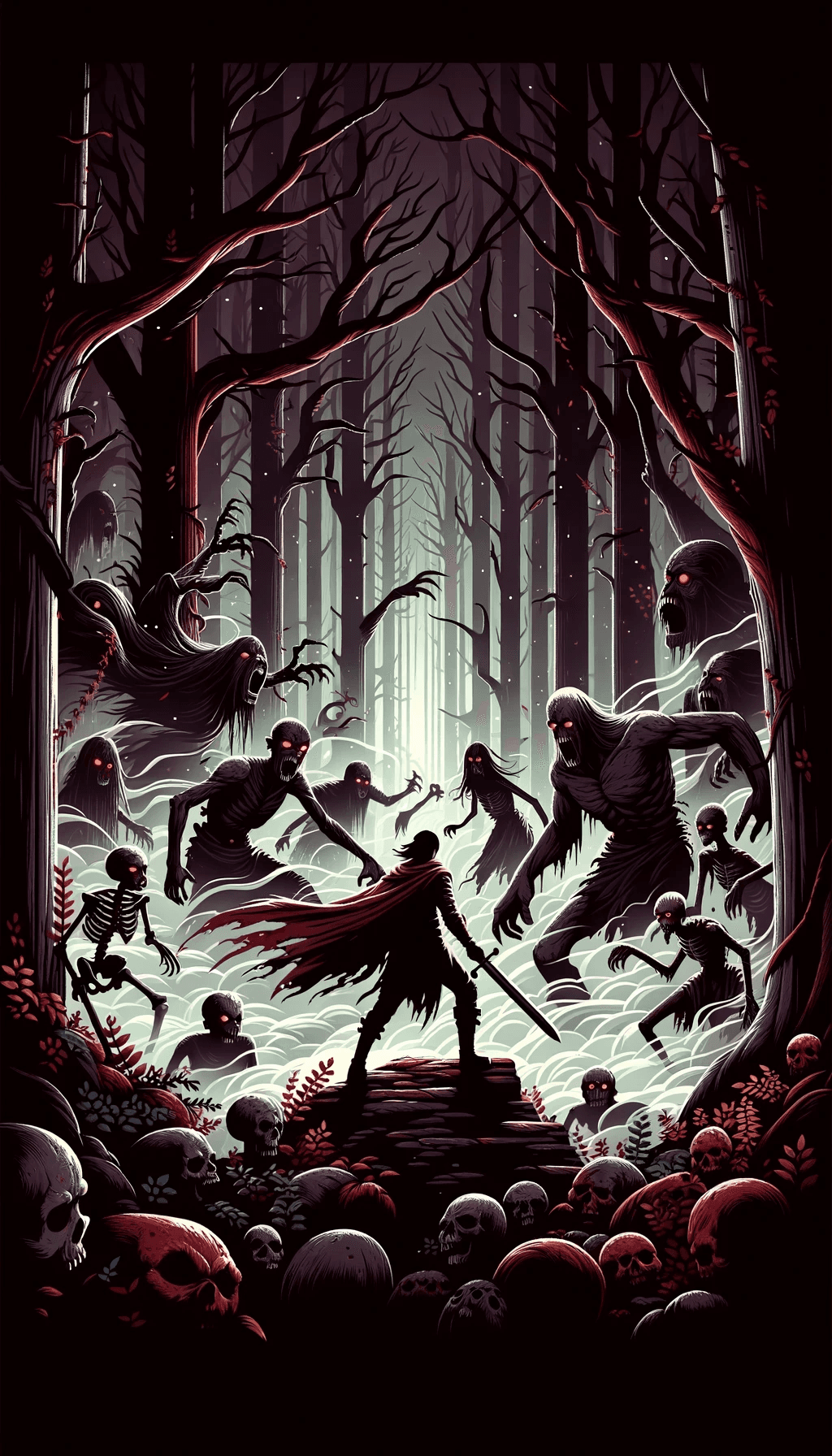 AI generated: Animated style vertical image of a brave ancient warrior, surrounded by eerie creatures like skeleta...