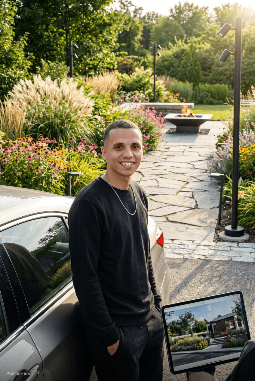 AI generated: A young man stood in front of his car 