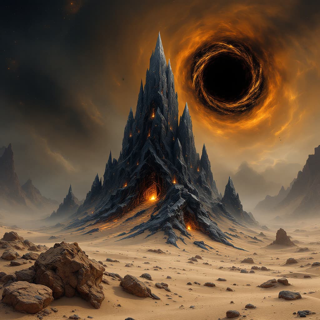AI generated: obsidian spire surrounded by swirling sandstorms and black suns --v 7 --ar 21:9 --style otherworldly...
