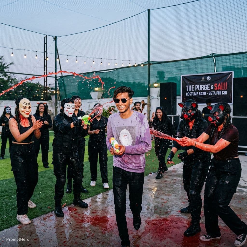 AI generated: sorority costume party The Purge and Saw , having water fight with cherry koolaid wide angle natural