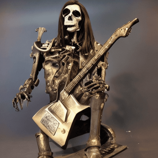AI generated: Portrait of a Metal Guitar:4 hero skelton face with leather clothes and very long hairs