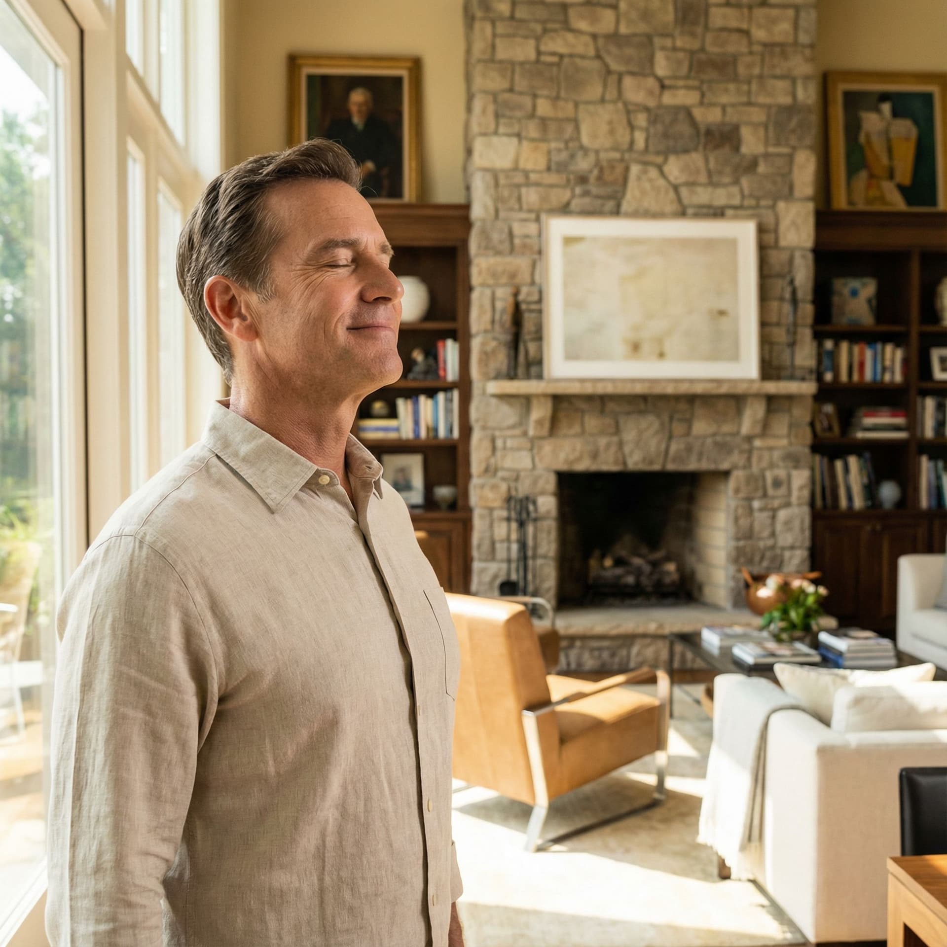 AI generated: happy middle aged man in upscale luxury home taking a deep breath