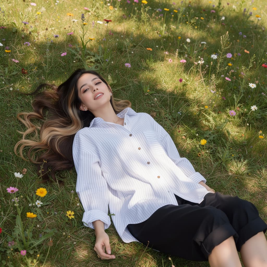 AI generated: A fit woman is lying on the grass in a field of wildflowers. She is wearing an oversized, loose-fitt...