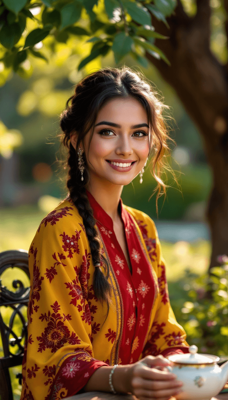 AI generated: /imagine prompt: A radiant Uzbek woman with glowing tan skin, deep black almond-shaped eyes, and a k...