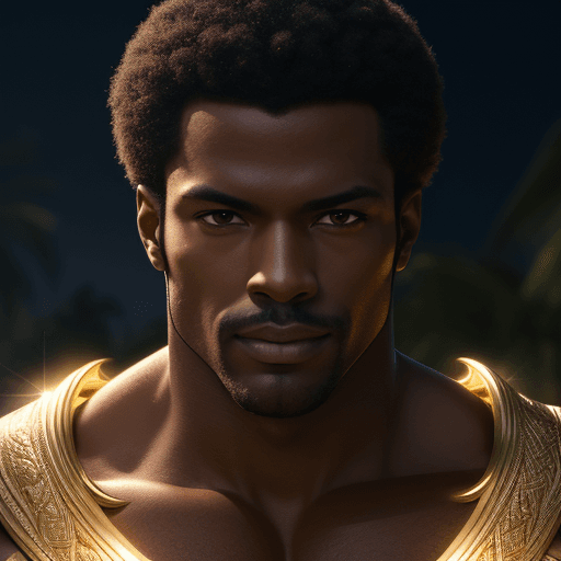 AI generated: closeup, relaxed Melanated handsome, muscular  man walking down a brightly lit path surrounded in a ...