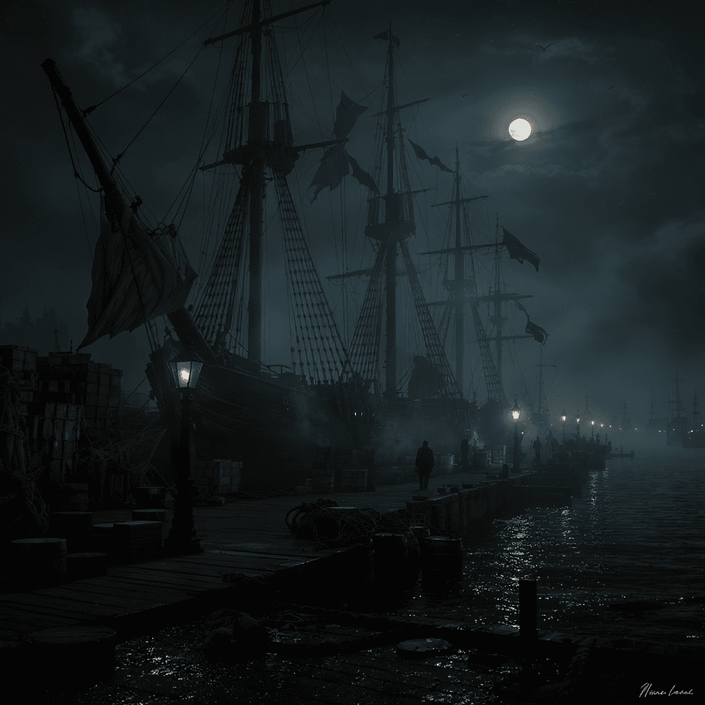 AI generated: Dark eerie European harbor at night inspired by 'Sweeney Todd: The Demon Barber of Fleet Street', 19...