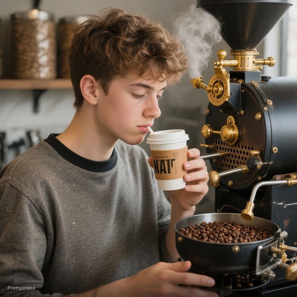 AI generated: pitiful handsome Teenager drinking coffee, take away, take away coffee, pitiful handsome Teenager in...