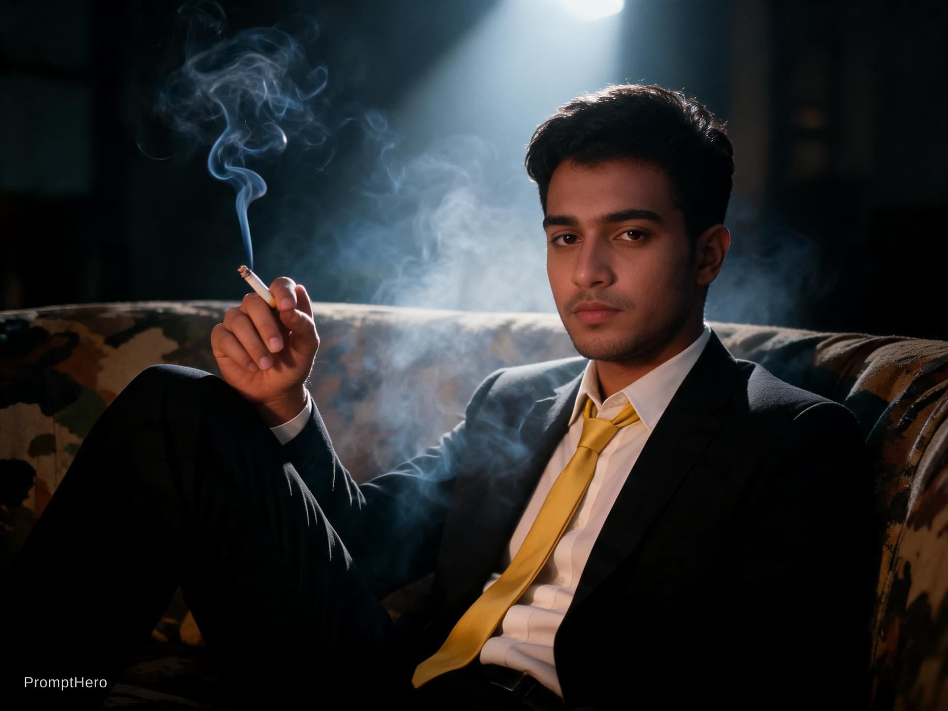 AI generated: photography, cover shoot, dimly lit room with a hazy atmosphere, capturing a professional male model...