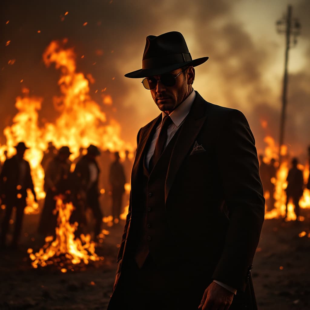 AI generated: dressed in a suit and hat and behind a fiery scene