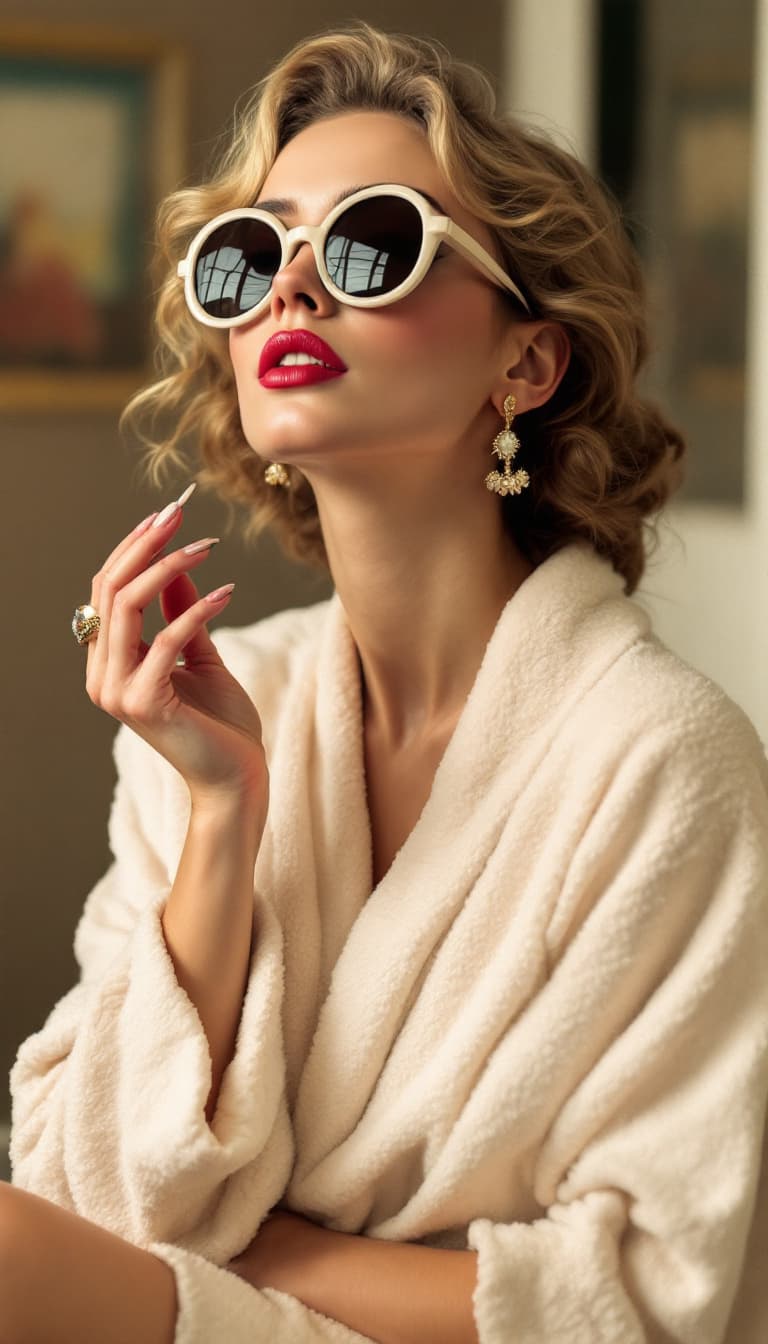 AI generated: retro style of a woman in a bathrobe wearing lipstick, sunglasses, a ring, and an earring