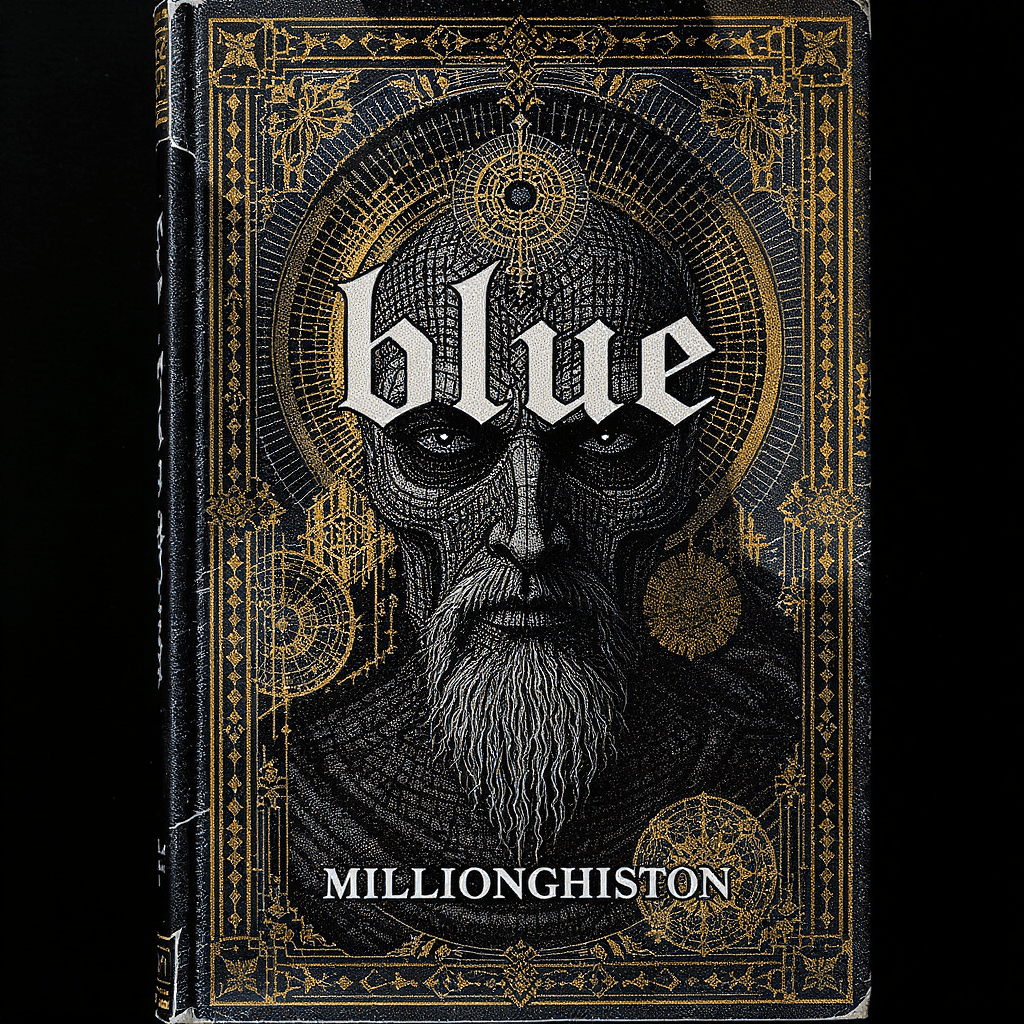 AI generated: the cover of the book 'blue', in the style of intricate collage, dark gold and white, ancient art, d...