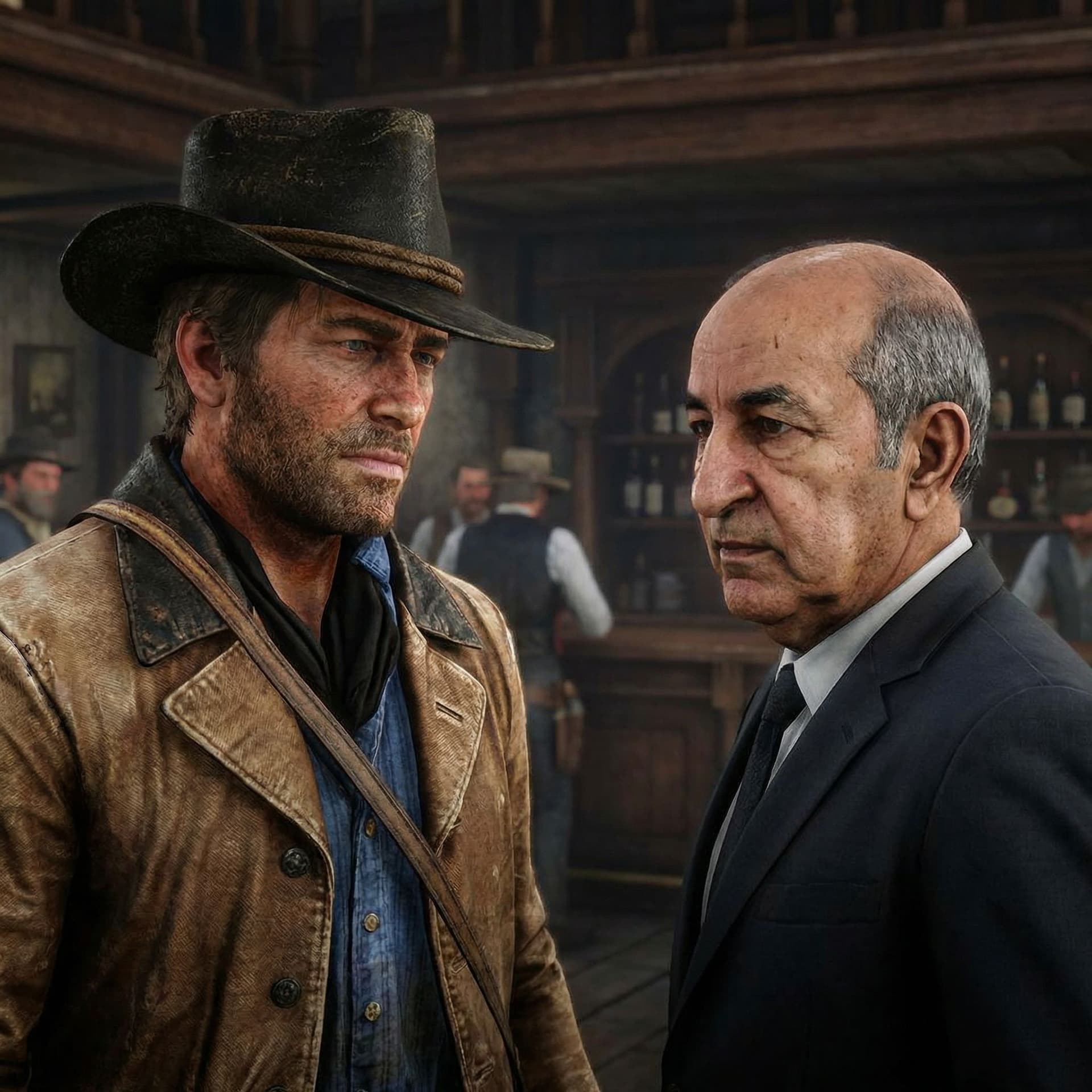 AI generated: Arthur morgan and abdelmajid tebboune , in red dead 2 in game in valentine talking in the saloon , w...