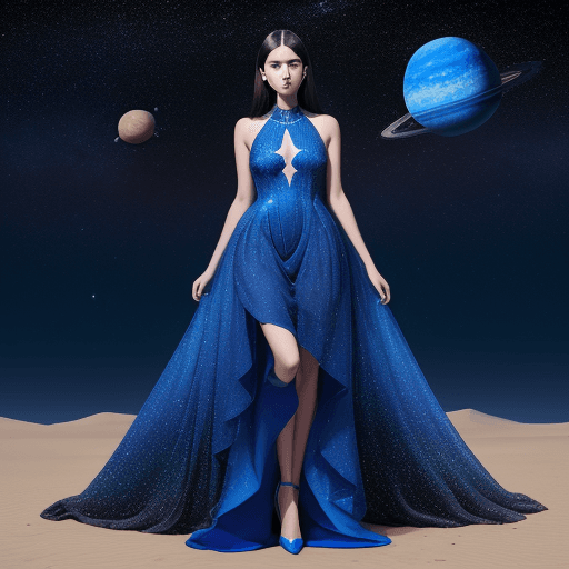 AI generated: long royal blue dress with star-like nebulae gradient details on the dress, worn on a model with dar...