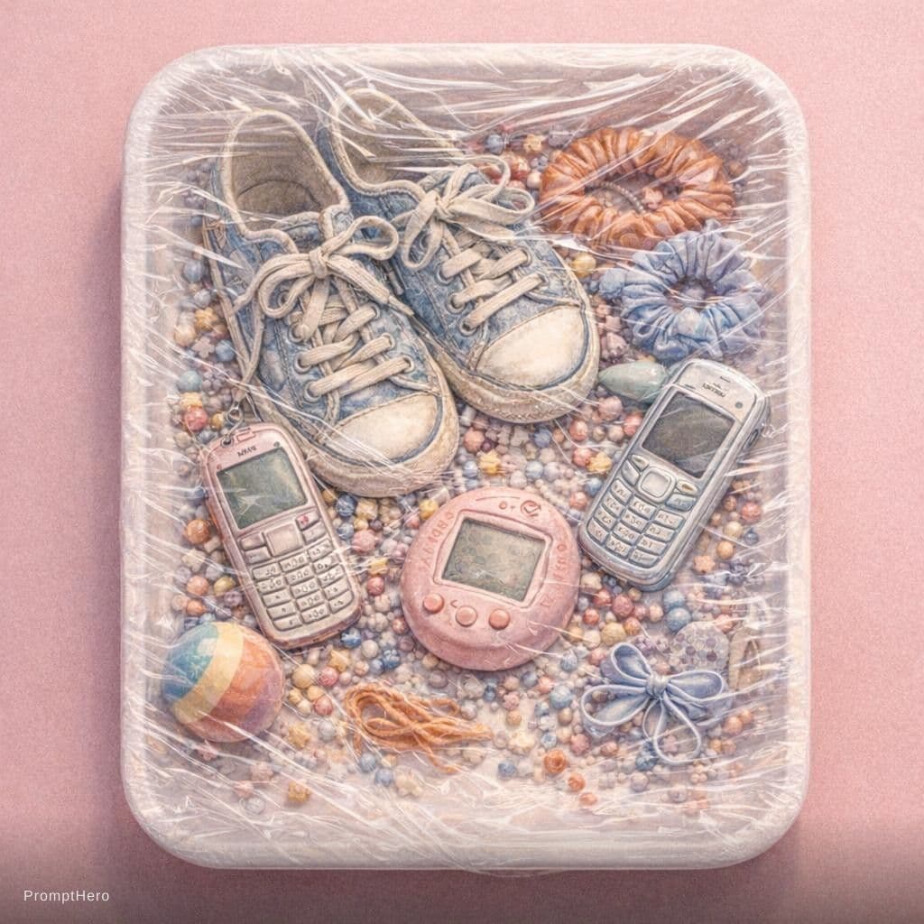 AI generated: 
Overhead flat lay still life of a white styrofoam food tray tightly wrapped in glossy transparent c...