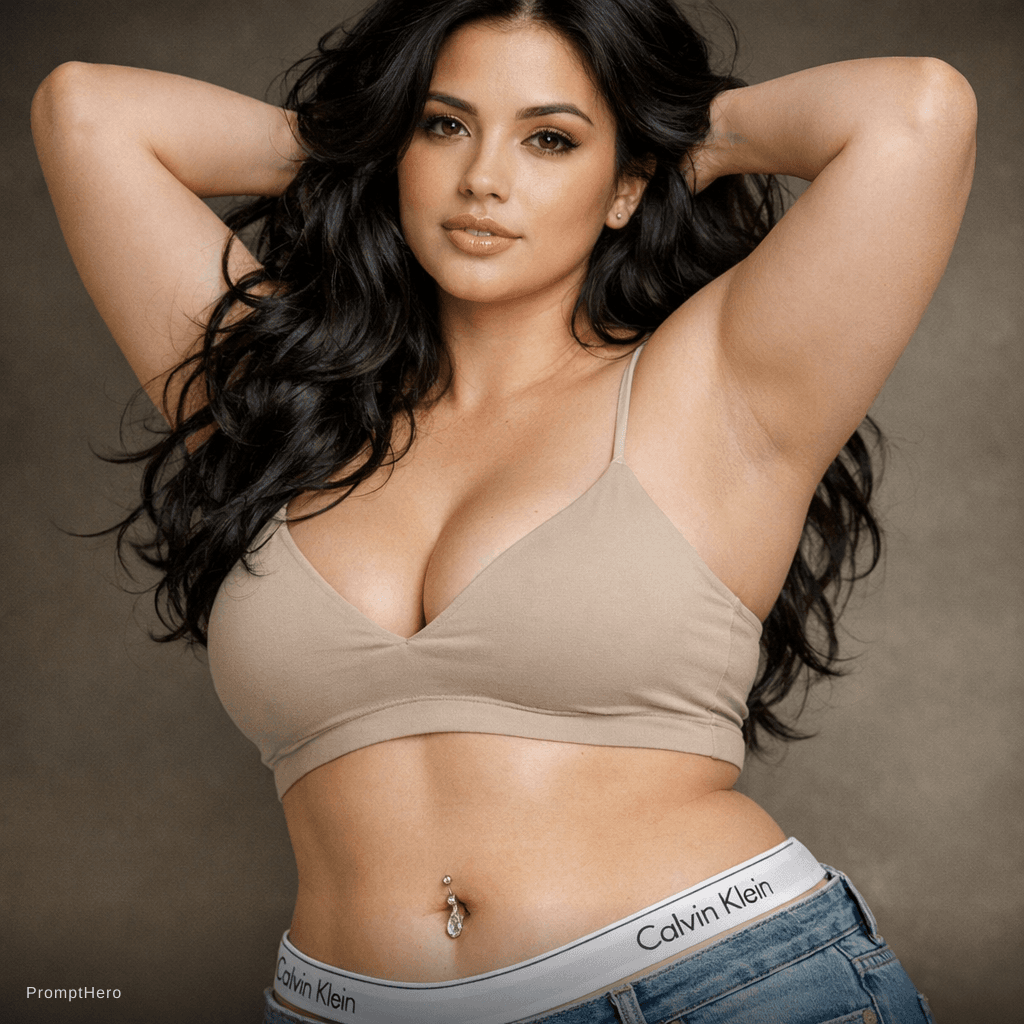 AI generated: Create a captivating studio portrait features a woman (uploaded image) with flowing, wavy black hair...