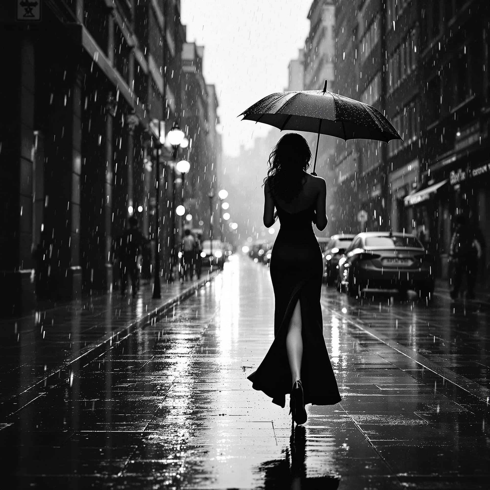 AI generated: black and white, photorealistic image of a woman walking down a rainy street, holding a stylish umbr...