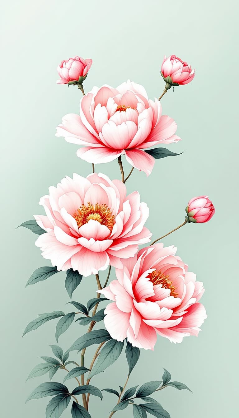 AI generated: Pale pink peony flowers, light green background, Chinese embroidery style, exquisite craftsmanship, ...