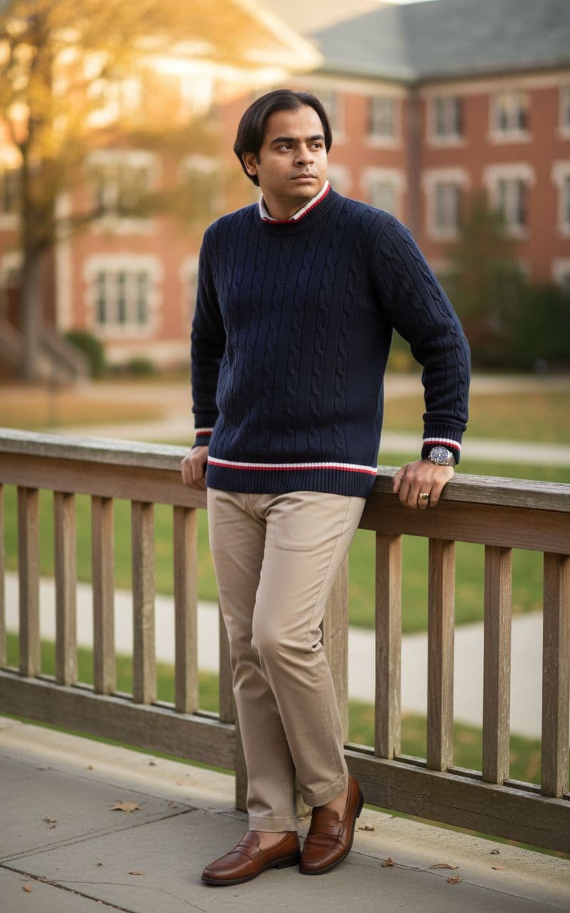 AI generated: Subject: An elegant late-20s man. Clothing: Navy blue cable-knit cricket sweater over a white t-shir...