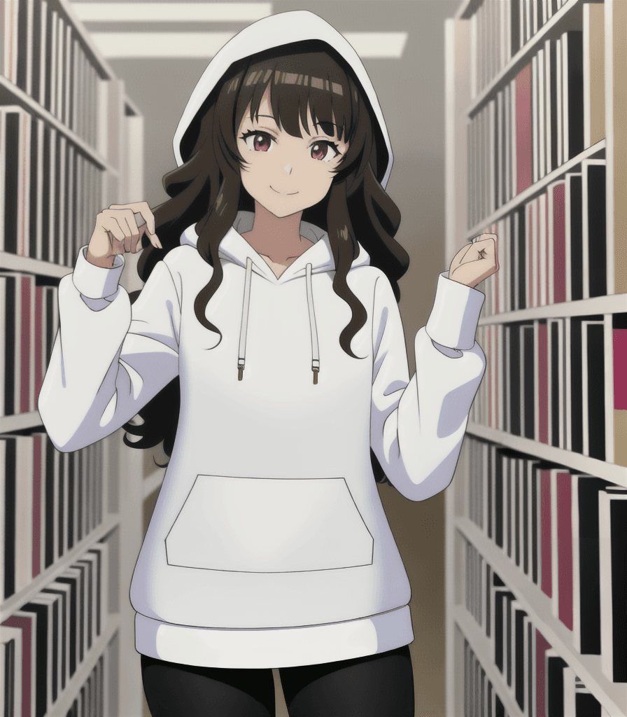 AI generated: (perfect anime illustration), 1girl, curly brown hair, best girl hair, indoors, library, standing, b...
