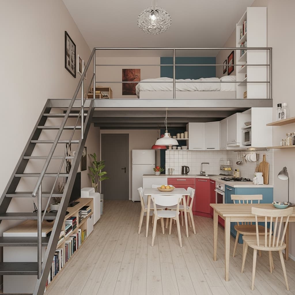 AI generated: The interior of a ground floor, two-story, single-room space in Kozani Greece, approximately 65m² th...