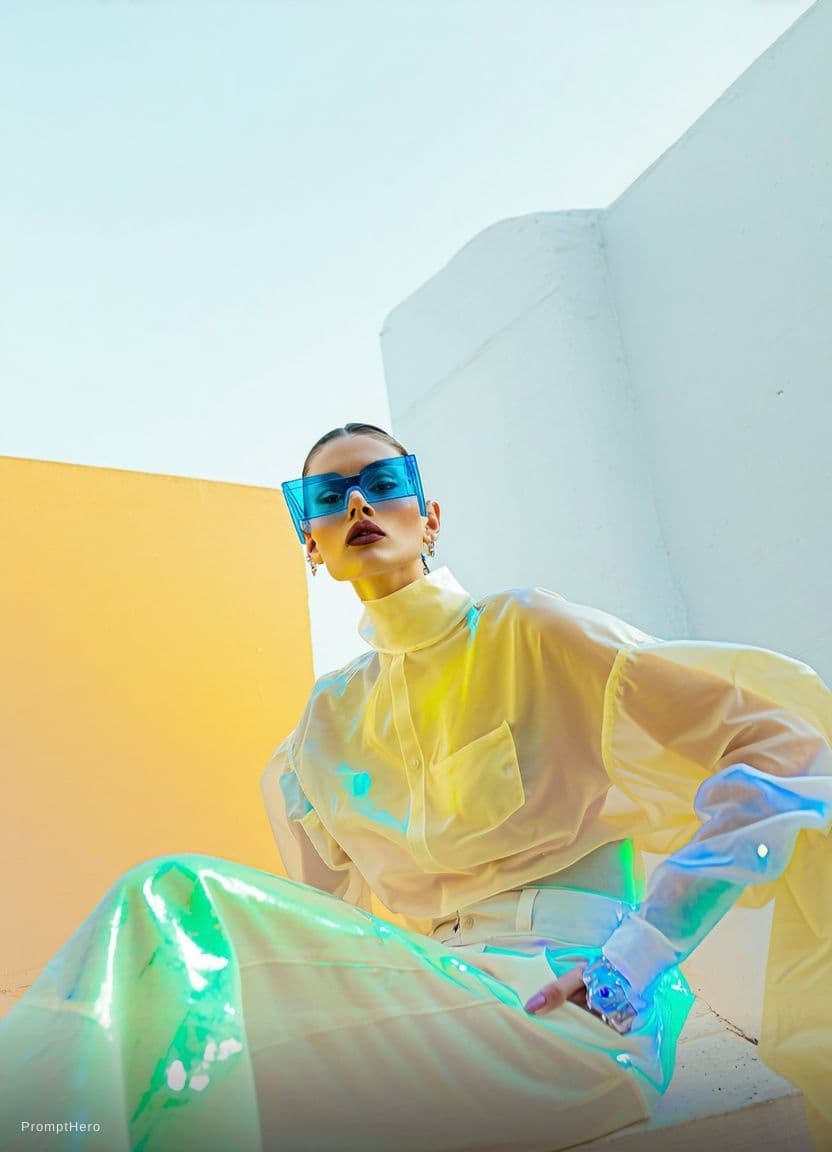 AI generated: Fashion shoot, Jacquemus and Moncler collaboration: dark blue translucent futuristic sunglasses, hyp...