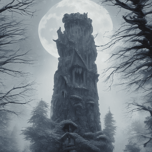 AI generated: haunting stone tower surrounded by a dense taiga forest, dark door, blue moon in the sky, night shot...