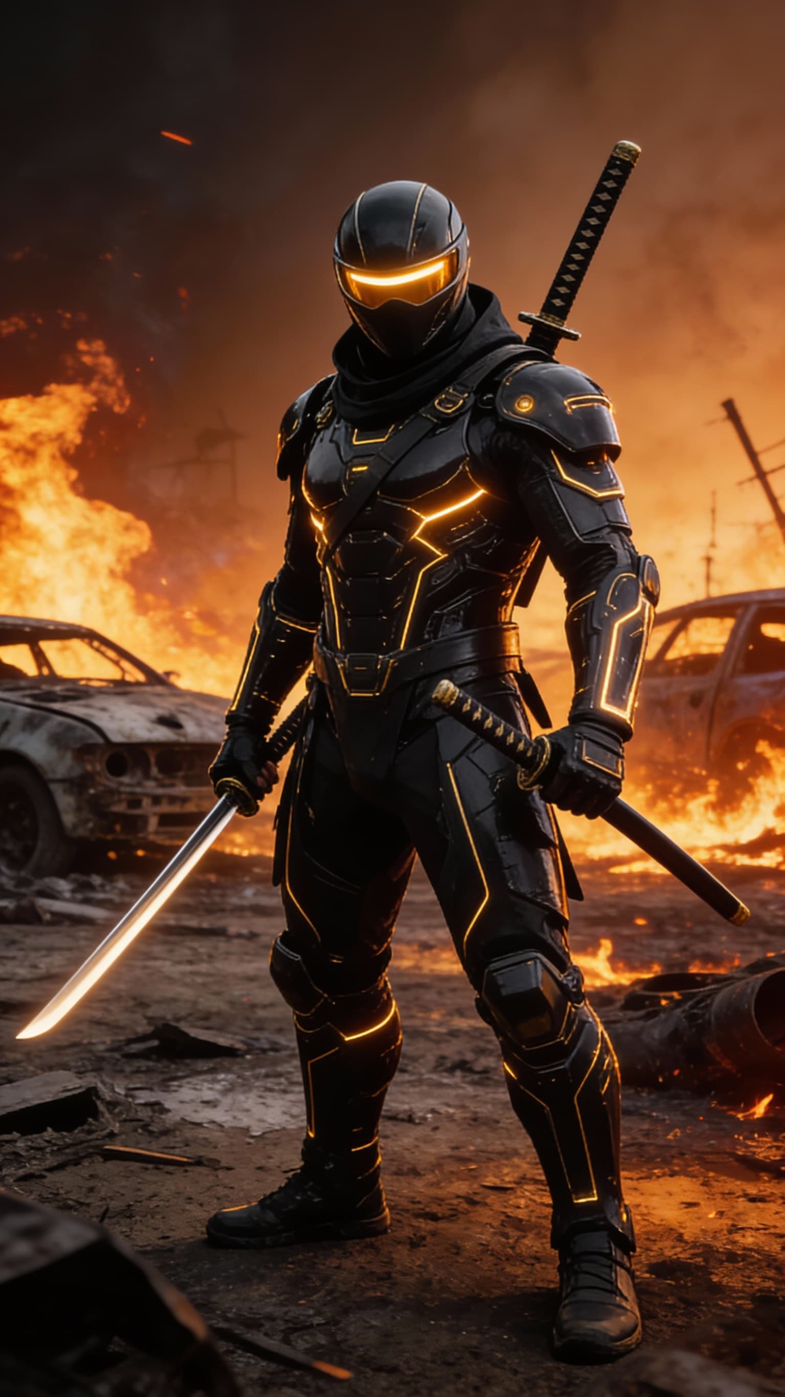 AI generated: A futuristic ninja warrior standing confidently in a desolate, post-apocalyptic landscape engulfed i...