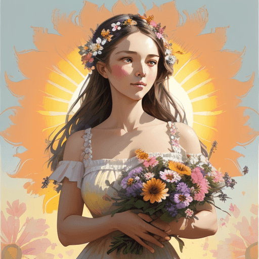 AI generated: commercial illustration of a woman dressed in flowers with flowers in her hair, in the style of artg...