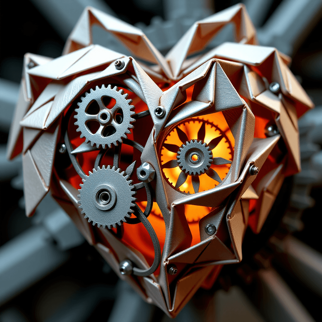 AI generated: Makroaufnahme eines komplexen Origami-Herzens, prÃ¤zise gefaltet aus dÃ¼nnen, verwitterten Messingbl...